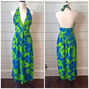 Vtg 60s 70s Psychedelic Hawaiian Halter Maxi Dress Diamond Head Mod Green Blue